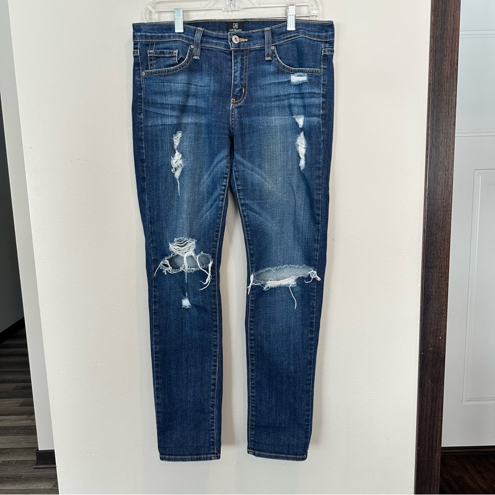 Just Black Denim Women's Blue Distressed Mid Rise Slim Straight Leg Ankle Jean